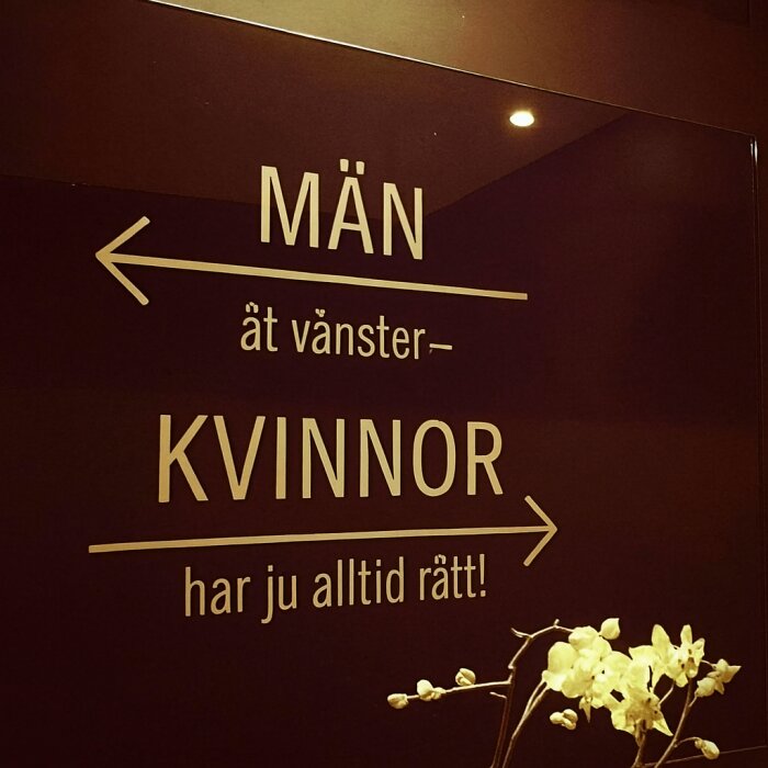 Skylt med texten: "MÄN åt vänster, KVINNOR har ju alltid rätt!" med ett blomarrangemang i förgrunden.