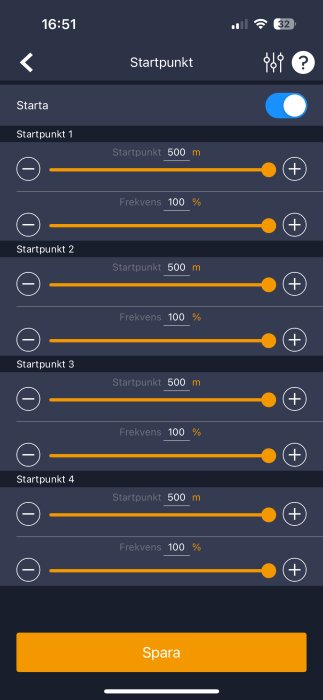 Skärmbild av en appinställning med fyra startpunkter, var och en med startpunkt 500 m och frekvens 100 %, samt en spara-knapp.