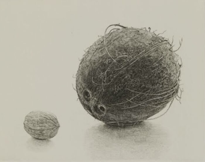 Ritning av en kokosnöt och en valnöt bredvid varandra, med fokus på textur och skuggning.