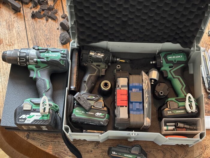 Verktygslåda på ett bord innehållande tre Hikoki-borrmaskiner, batterier och tillbehör, med en större borrmaskin och två mindre skruvdragare.