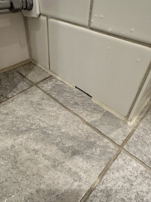 Hål i silikonfogen mellan klinkergolv och kaklad vägg, nära dusch och vägghängd toalett i ett nyligen renoverat badrum.