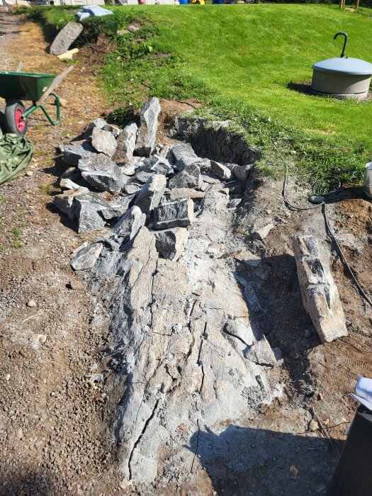 Stenklyvning av en berghäll med sprickor och lösa stenar, omgiven av grus och gräs, med en skottkärra i närheten.