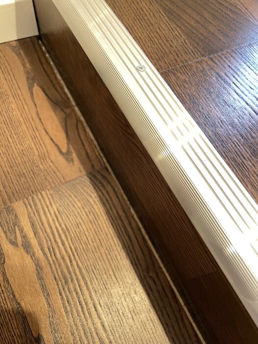 En närbild av en metallist monterad på en mörkt träfärgad tröskel, med synliga trägolv och en liten springa mellan golvet och väggen.