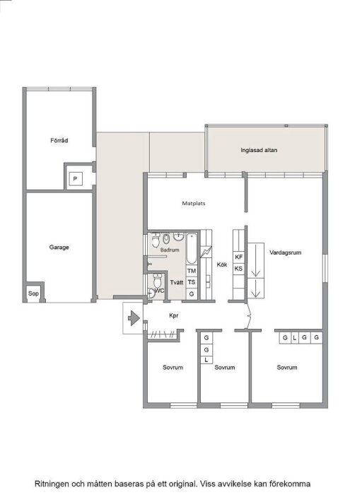 Planskiss över ett hus med markerade rum, inklusive vardagsrum, kök, matplats och sovrum, samt garage och inglasad altan.