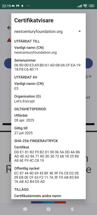 Visar detaljer om ett utgånget certifikat för nextcenturyfoundation.org, inklusive serienummer, utfärdare, och giltighetsperiod.
