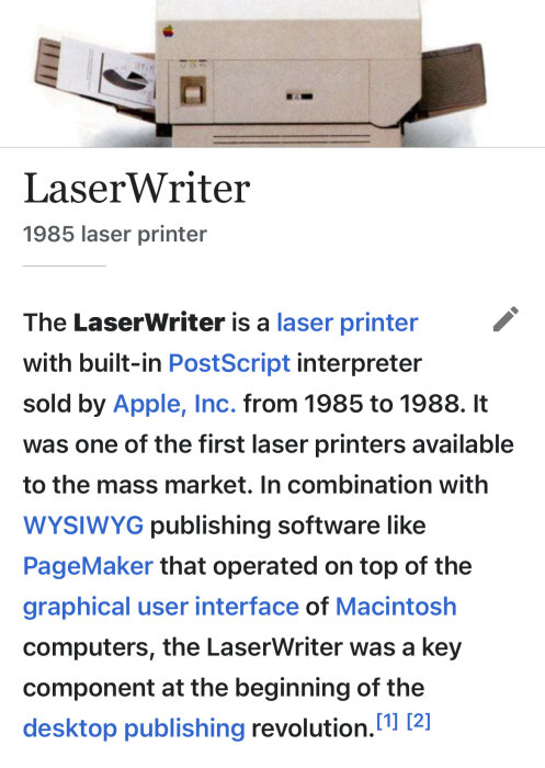1985 LaserWriter-skrivare med papper i facket, användes i Macintosh-datorsystem, skrev ut PostScript-dokument.