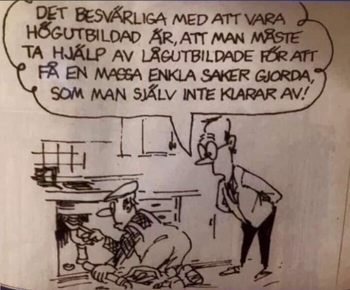 Tecknad serie med en person under en diskbänk och en annan som står bredvid. Texten handlar om svårigheter med att vara högutbildad.