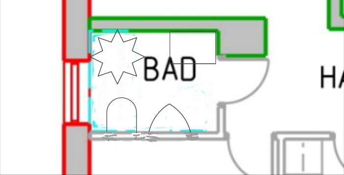 Planritning av badrum med symboler inkluderade, markerade områden i rött och grönt med en dörröppning och badutrymme indikerat som "BAD".