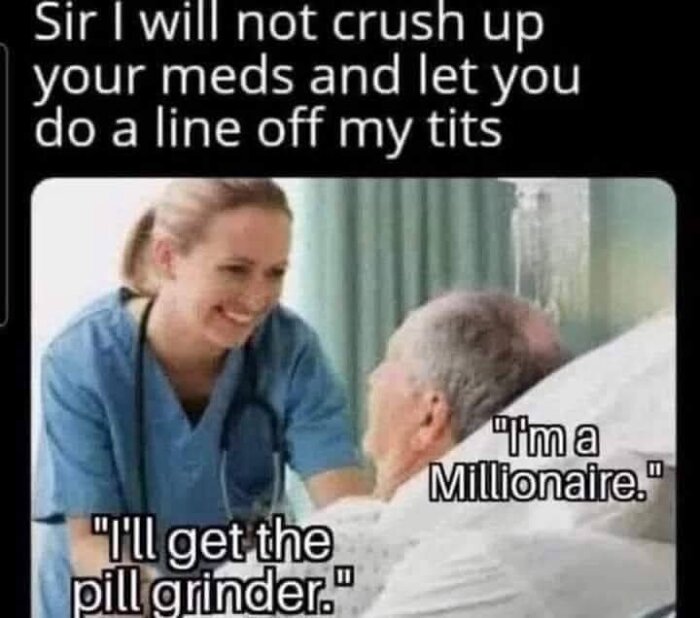 Medicskara och äldre patient i säng, humorfull text om mediciner.