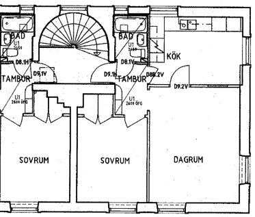 Ritning av en lägenhet med sovrum, dagrum och kök, från ett flerfamiljshus byggt 1939. Fråga om mellanväggens bärande struktur.