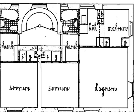 Planritning av en lägenhet från 1939, visar sovrum och dagrum. Diskussion om eventuell bärande vägg mellan dessa rum.