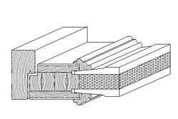 Tvärsnitt av dörrkonstruktion med plywood ytterst och flera lager av furulamell inuti, relaterad till diskussion om byggdelars formatstabilitet.