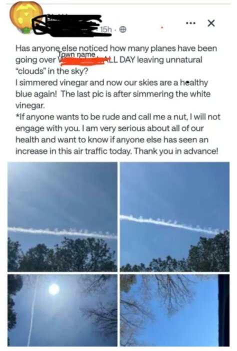 Fyra bilder av himlen med träd i förgrunden och vit rök eller kondensstrimmor efter flygplan över en klarblå himmel.