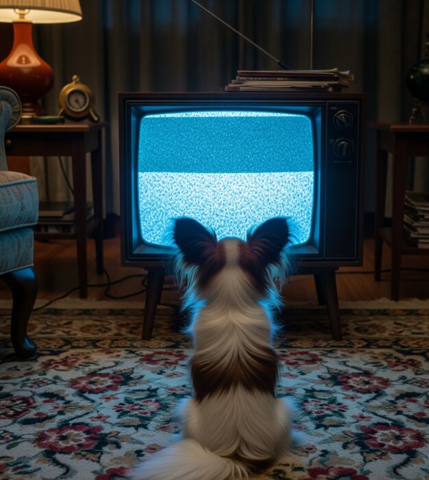 En hund sitter framför en gammal TV som visar myrornas krig, omgiven av ett möblerat rum med matta och lampa.