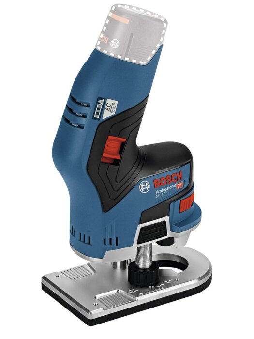 En Bosch 12 V kantfräs med bred basplatta, designad för enkel fasning av kanter med låg tyngdpunkt för att minska risken för att tippa.