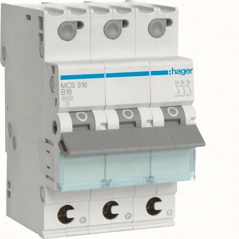 Kretsbrytaren Hager MCS316 med fyra poler och märkström B16, används i elanläggningar för att bryta strömmen till spismatning.