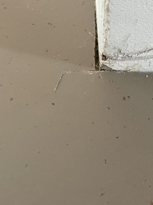Spricka i linoleummatta i hörn, där mattan har skadats och inte ordentligt installerats mot vägg, vilket resulterar i synlig fogbrist.