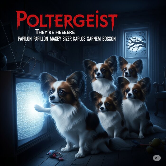 Fem papillonhundar som tittar på en gammal TV med snöig bild i ett mörkt rum, med ett träd utanför fönstret och texten "Poltergeist" ovanför.