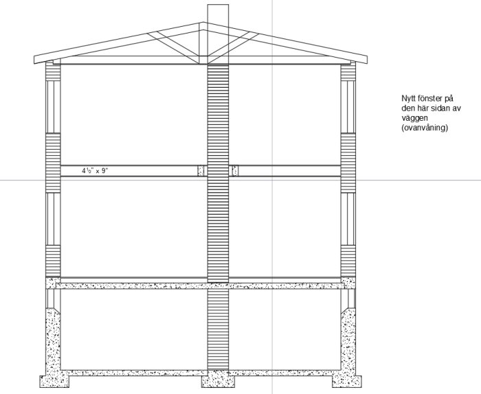 Ritning av ett hus från 1937 med väggsektion, visar två våningar och tak. Markering för nytt fönster på övervåningen.