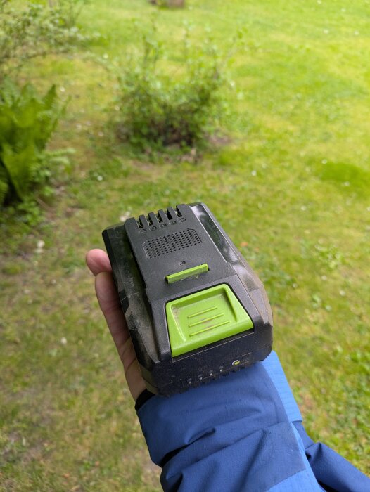 En hand håller ett laddningsbart batteri med en grön knapp, mot en bakgrund av gräs och buskar.