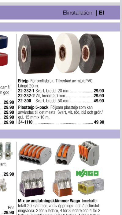 Elinstallation med eltejp och anslutningsklämmor från Clas Ohlsons katalog, sida 203, med produkter i olika färger och prisklasser.