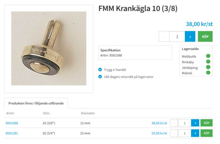 FMM krankägla 10 (3/8") med specifikationer och pris, 38 kr/st.