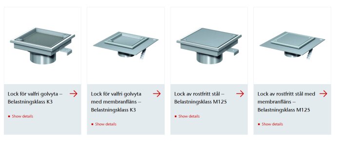 Fyra olika golvbrunnar och rännor i rostfritt stål med olika belastningsklasser och membranfläns, från ACO Nordic.
