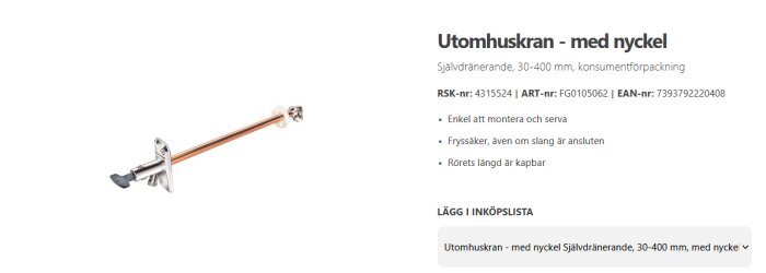 Självdränerande utomhuskran med nyckel och kopparrör, RSK: 4315524, enkel att montera och fryssäker, längd 30-400 mm.