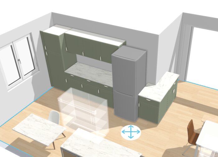 3D-design av köksinredning med grå kylskåp och gröna skåp, vit marmorbänkskiva och ett stort fönster till vänster.