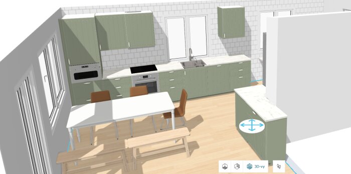 3D-modell av kök med gröna skåp, ett fönster, köksbänk och bord med stolar och en bänk. Vänster vägg har en micro i högskåp.