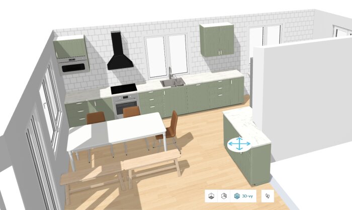 3D-ritning av kök med gröna skåp, fläktkåpa, och micro i väggskåp. Matplats med vit bordsskiva och träbänk. Parkettgolv och kaklad bakvägg.