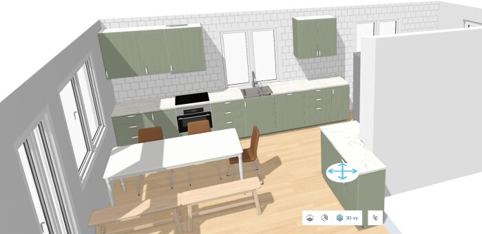 3D-köksdesign med grön skåpinredning, vit bänkskiva och inbyggd spis under skåp. Bord med stolar och bänk, och kaklade väggar.