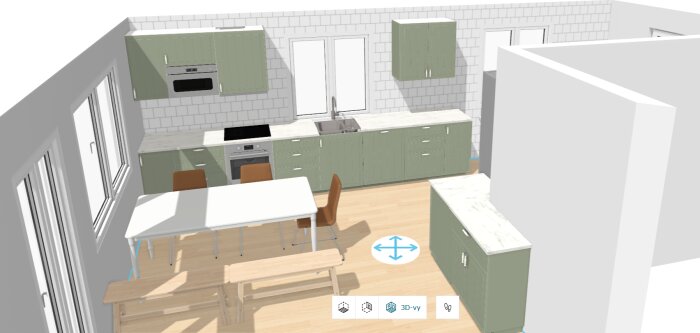 3D-rendering av ett kök med vita väggar, gröna skåp, diskbänk och spis. Möbler inkluderar ett bord och stolar i ljus trä.