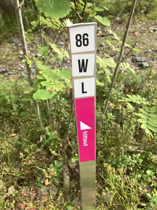 Skylt i skog med texten "Hittaut", nummer 86 och bokstäverna W, L. Omgiven av grönt lövverk och gräs.