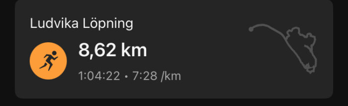 Löpning i Ludvika, distans 8,62 km, tid 1:04:22, tempo 7:28 min/km, med grafisk karta av sträckan.