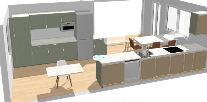 3D-rendering av ett modernt kök med grå skåp, köksö med spis och diskho, samt matplats med stolar och bord i trä.