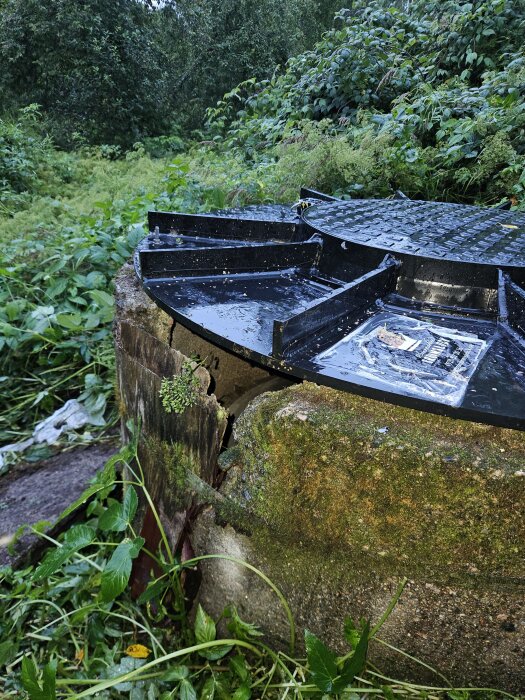 Skadat brunnslock och ring i naturmiljö, med synlig spricka och vegetationen runtomkring. Det nya locket är lättare och inte fastskruvat än.