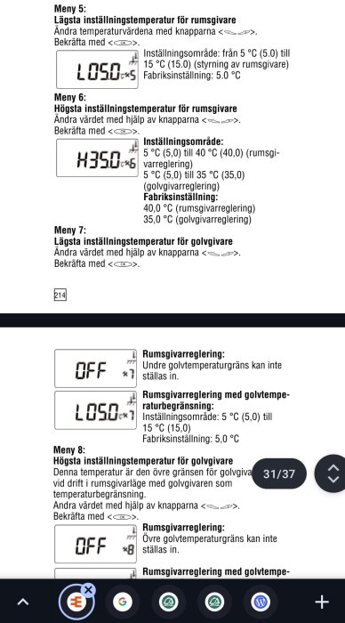 Inställningsmeny för termostat: ändra inställningstemperatur för rumsgivare och golvgivare med knappinstruktioner och fabriksinställningar.