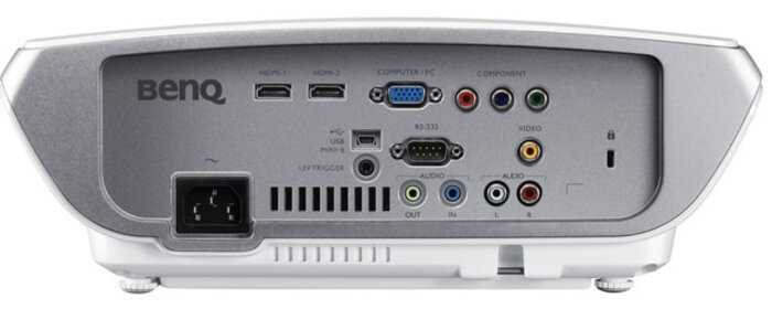 Baksidan av en BenQ projektor med olika anslutningar: HDMI, VGA, komponent, video, USB, RS-232, ljud in/ut.