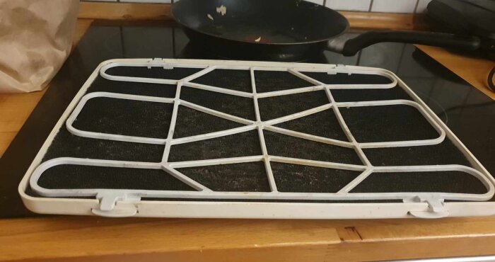 Bilden visar ett avlägsnat lock med ett plastgaller underifrån, placerat på en köksbänk.