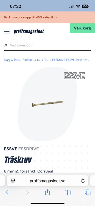 ESSVE ESSDRIVE förnicklad träskruv 6 mm i diameter, visas mot vit bakgrund på Proffsmagasinets webbplats.