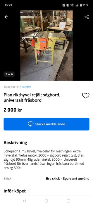 Scheppach Hm2 planhyvel på arbetsbänk i verkstadsmiljö, omgiven av verktyg och trädelar.