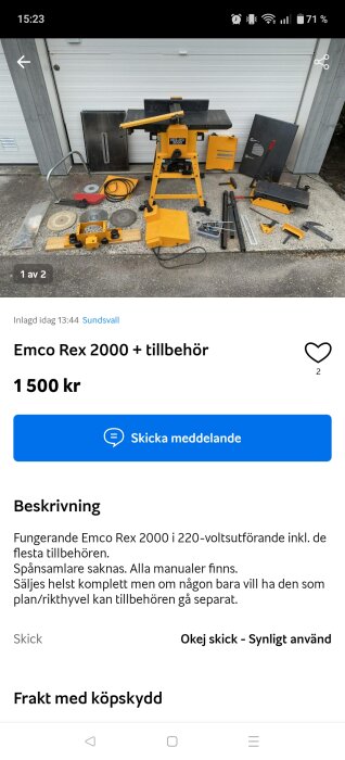 Emco Rex 2000 maskin med tillbehör spridda på marken, placerad framför en vit garageport.