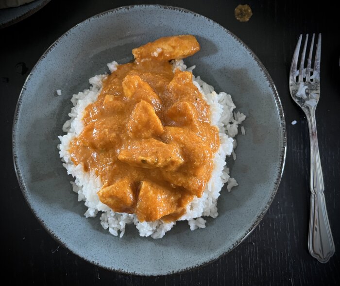 Butterchicken med ris serverat på en blå tallrik, omskrivet som "fusk / burk" i ett inlägg om gårdagens måltid.