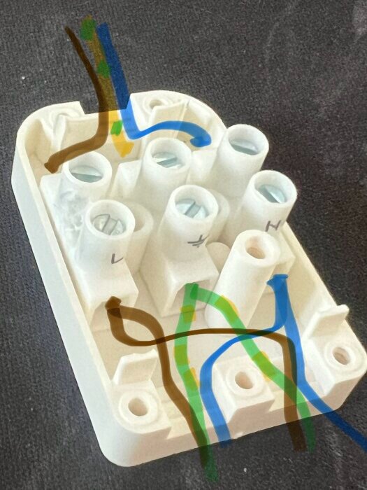 Vit kopplingsdosa med färgade kablar: blå, grön, brun, gul, på svart yta.