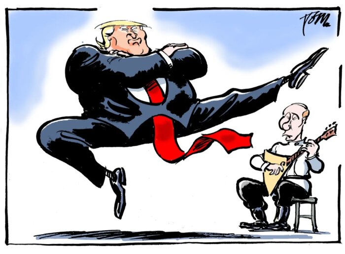 En karikatyr av en person i kostym som hoppar med ett ben upp i luften, medan en annan person spelar balalaika.