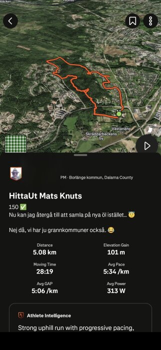 Karta över löprunda i Borlänge, Dalarna, 5,08 km lång med 101 m stigning. Visar rutt, tid, medeltempo och effekt.