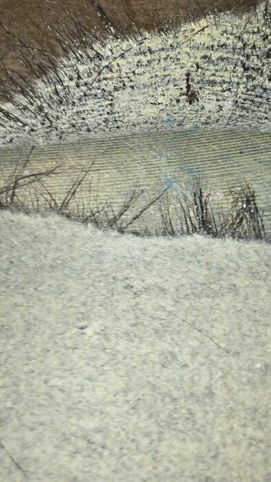 Gammal matta under laminatgolv i källare med synliga fuktfläckar och mögel, potentiellt innehållande asbest.