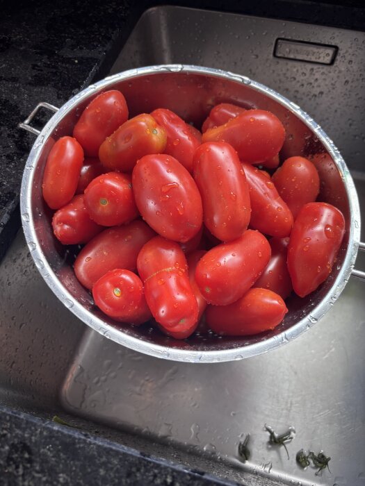 Skål med nyplockade röda tomater i ett kök, redo för att göra hemgjord tomatsås till pizza.