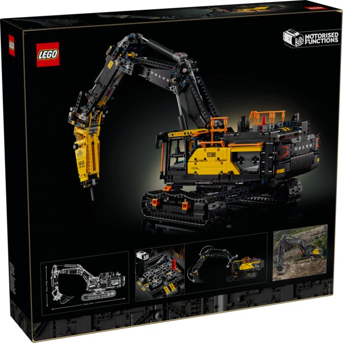 Lego-förpackning med en modell av en Volvo EC500 hybridgrävmaskin, med bilder av bygget och maskinen på lådan.